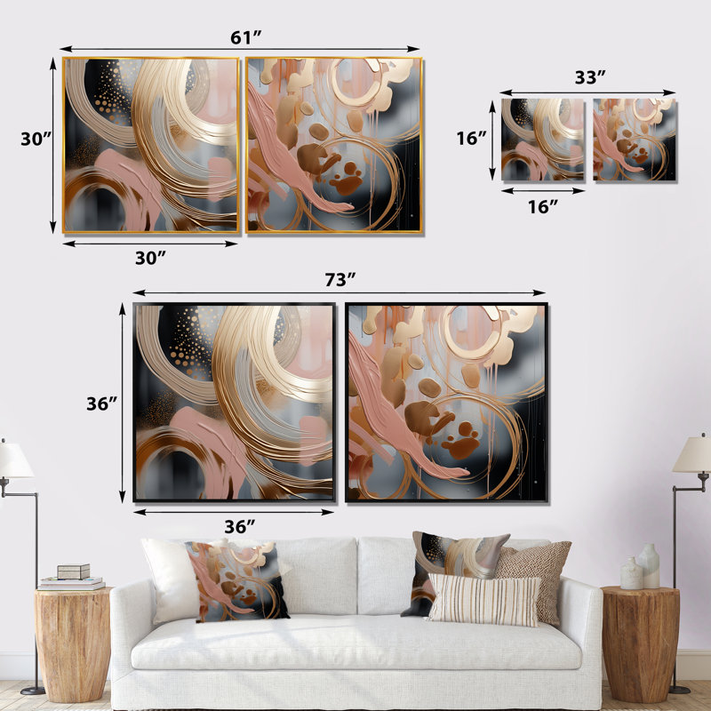 Abstrait, encre liquide rose et or, encre liquide I - formes abstraites, ensemble de 2 reproductions d'art mural