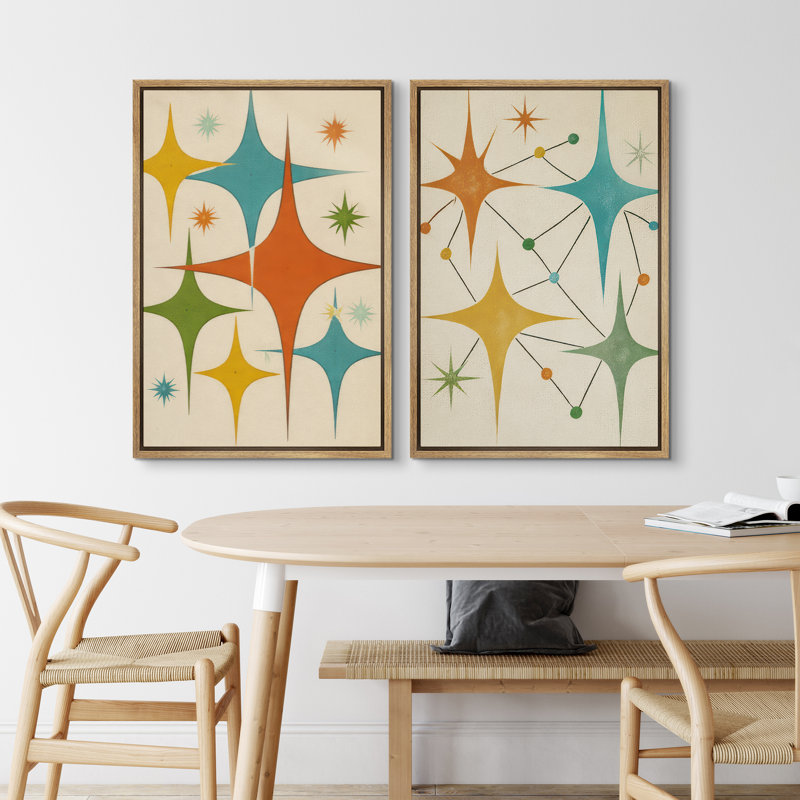 Mid Century Starburst Atomic Pattern Retro Style Wall Art Decor Framed On Canvas 2 Pieces Print, 36" H x 24" W, Natural