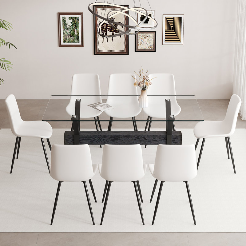 Ensemble de table de salle à manger 8 personnes, table de salle à manger en verre trempé et chaises confortables pour la cuisine ou la salle à manger
