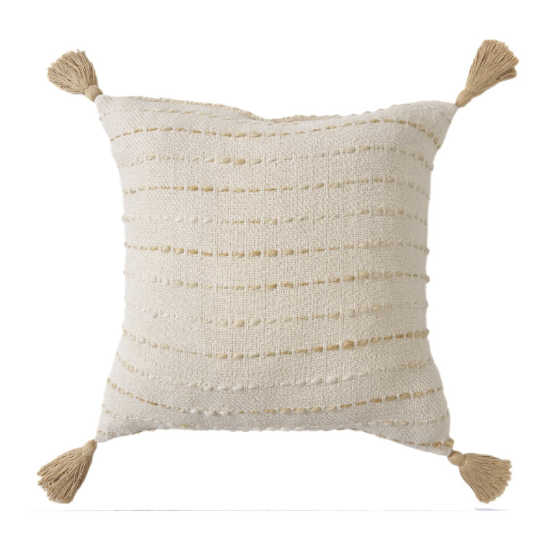 Housse de coussin en mélange de coton rayé Oliver Tassels, Beige / Ivoire, Housse de coussin seulement - sans coussin