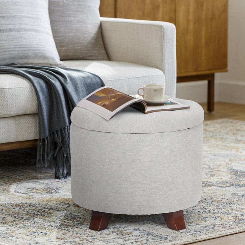 Storage Ottoman With Padded Seat, Modern Cotton-Linen Footrest, Round Stool For Living Room Bedroom, Gray
