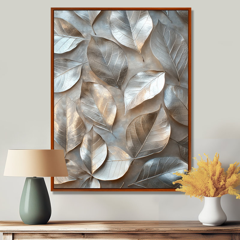 «Copper Copper Pewter Leaves II - Leaves», reproduction sur toile encadrée, Brun, Reproduction avec cadre flottant