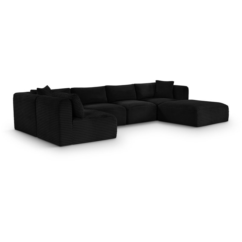 Canapé modulaire Carmean, Tissu velours côtelé texturé noir, 3 sans accoudoirs, 2 en coin, 1 repose-pieds