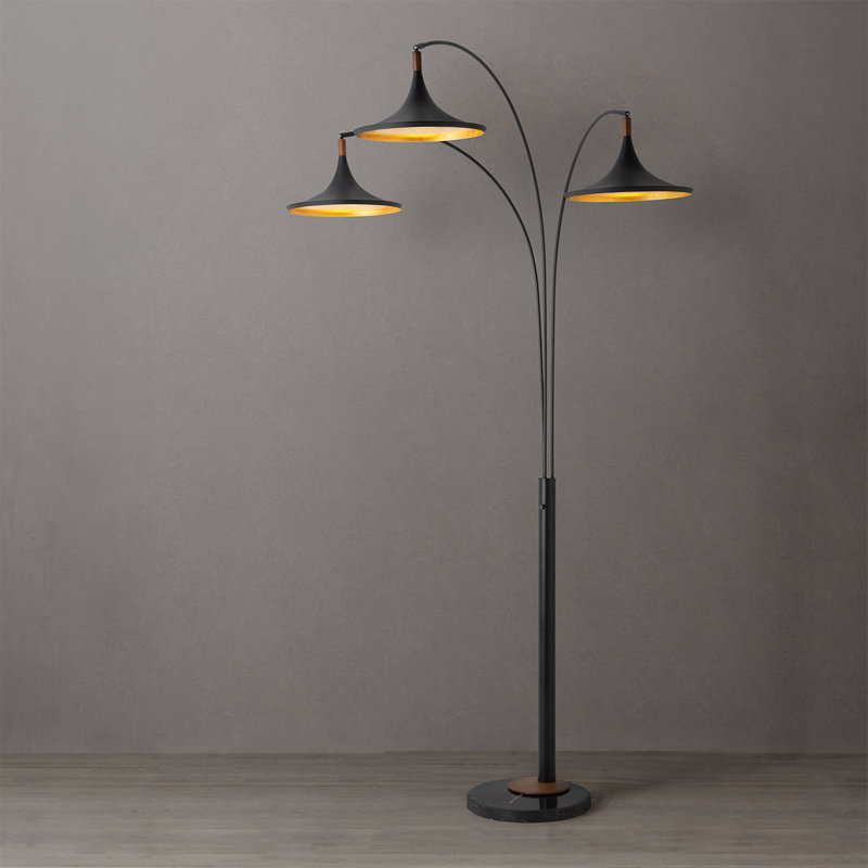 Lodi 3-Light Arc Floor Lamp - Matte Black, Walnut, Gold Leaf, Marble Base, Dimmer Switch