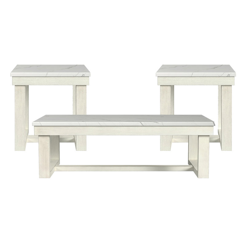 Transitional 3Pcs Square Marble Table Set With Two End Tables, 52-Inch Modern Coffee Table Set For Living Room