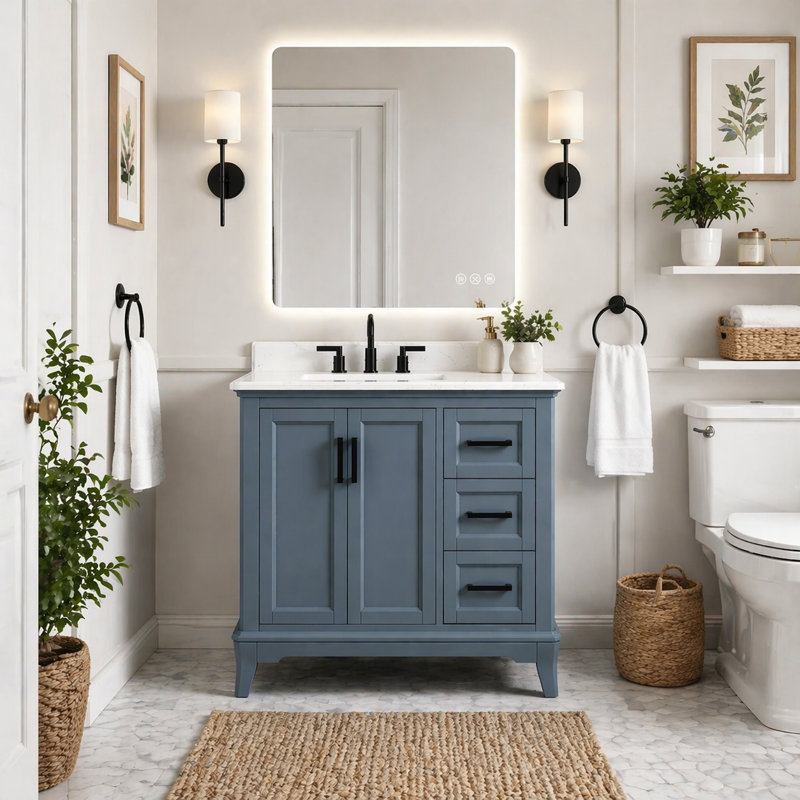 Meuble-lavabo autoportant avec comptoir en quartz, Bleu acier, 42"