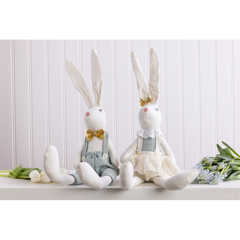 Plush Sitting Bunny, Shelf Sitter, White, Polyester, Set of 2, Shelf, Living Room, Easter, Home Decoration