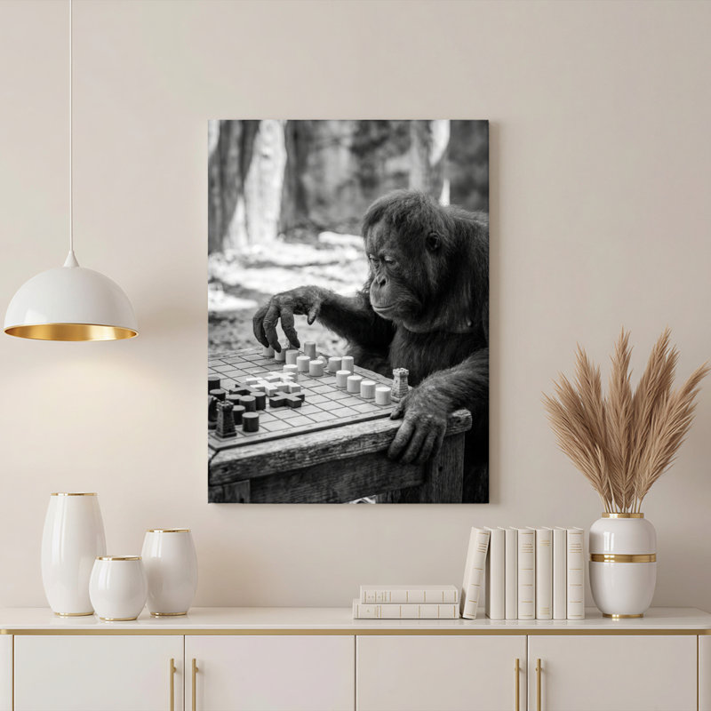 «Gallery Wrap», art mural sur toile pour le salon, la chambre à coucher, le bureau ou le vestibule - décoration murale décorative avec jeu d'échecs de singe