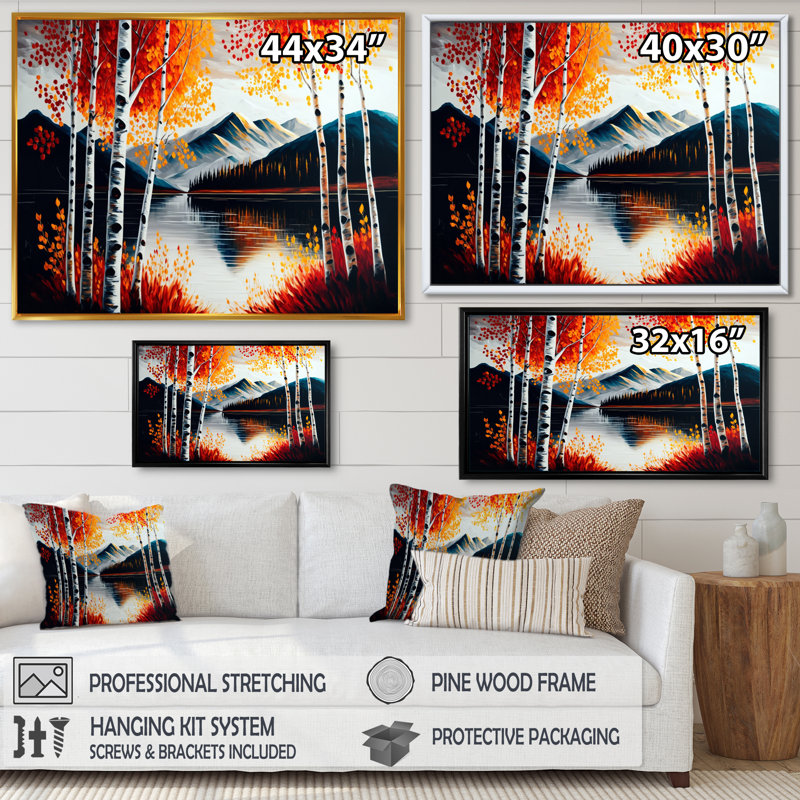 Bouleaux rouges et oranges au bord du lac I - Impression sur toile, H 30 po x l 40 po x P 1,5 po