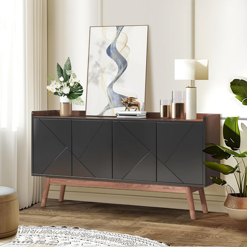 Buffet Buffet Buffet moderne de 55 pouces avec portes escamotables Buffet en bois avec rebord surélevé