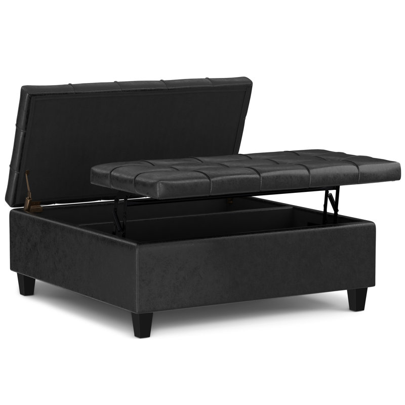 Harrison 40"W Upholstered Transitional Square Lift-Top Ottoman with Sturdy Base, Harrison Distressed Black Faux Leather