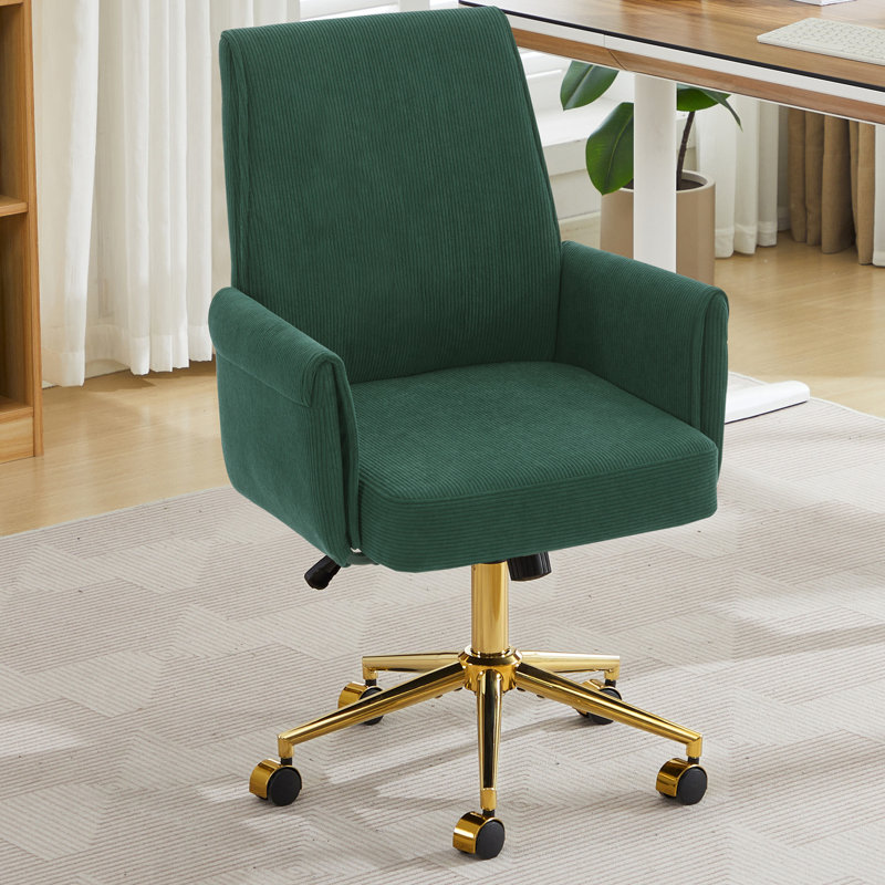 Chaise de bureau verte en velours côtelé avec base dorée - Chaise de bureau pivotante à hauteur réglable