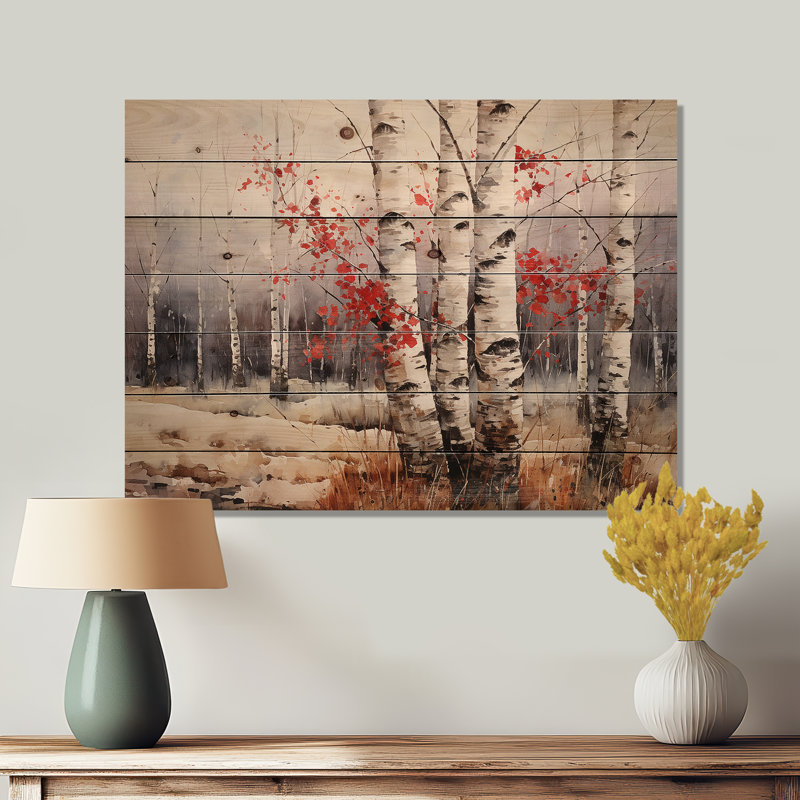 Panneaux de décoration murale en bois de bouleau blanc et rouge en hiver III, H 24 po x l 32 po