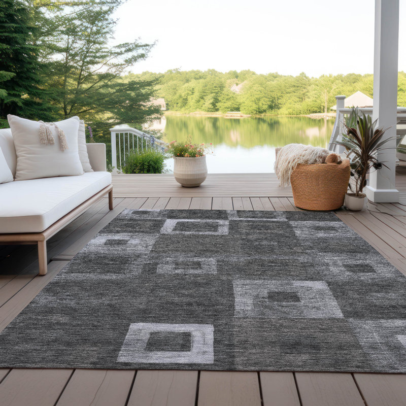 Black Geometric Rectangular Synthetic Washable Rug 3' x 5'