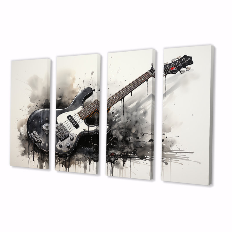 «Brown Charcoal Guitare Vibations II», art mural 4 pièces, H 28 po x l 48 po
