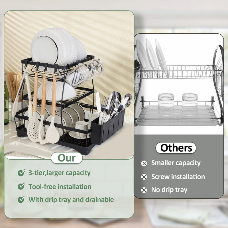 3-Tier Black Metal Dish Drying Rack with Utensil Cup