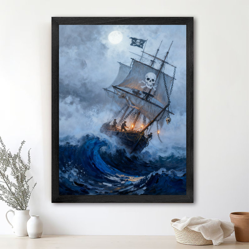 Art mural de pirate rétro noir encadré dans les vagues, impressions de style rétro, H 37 po x l 25 po