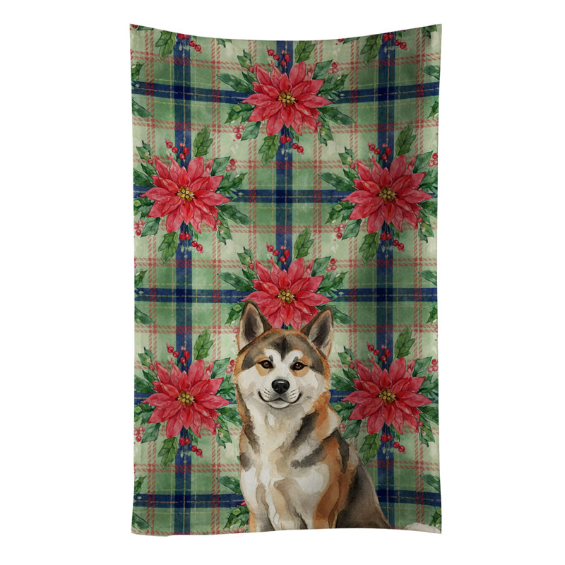 Sesame Akita Christmas PoinsettIas Kitchen Towel, Sesame Akita