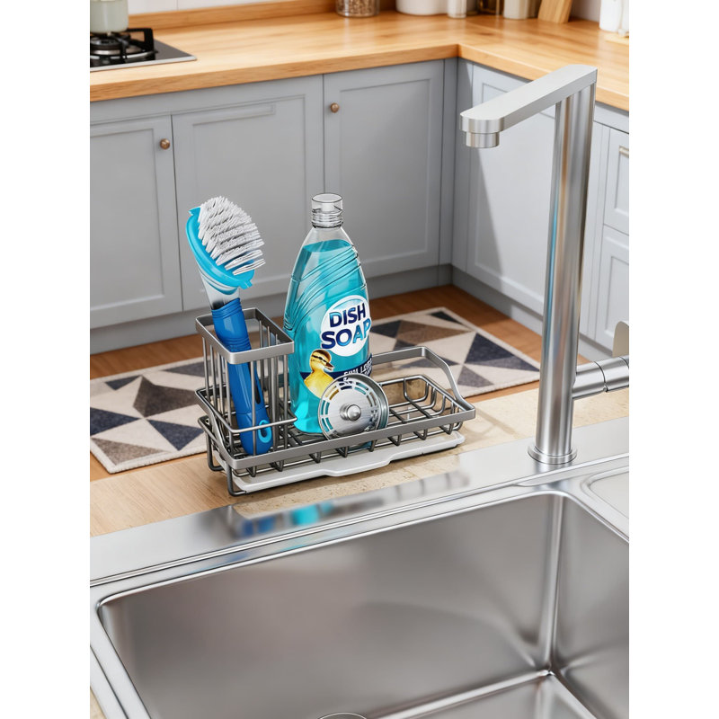 Porte-éponge en acier inoxydable pour évier de cuisine avec ramasse-gouttes amovible, organisateur de panier d'évier pour éponge, savon à vaisselle et brosse, conception à emplacements multiples pour comptoir ou robinet