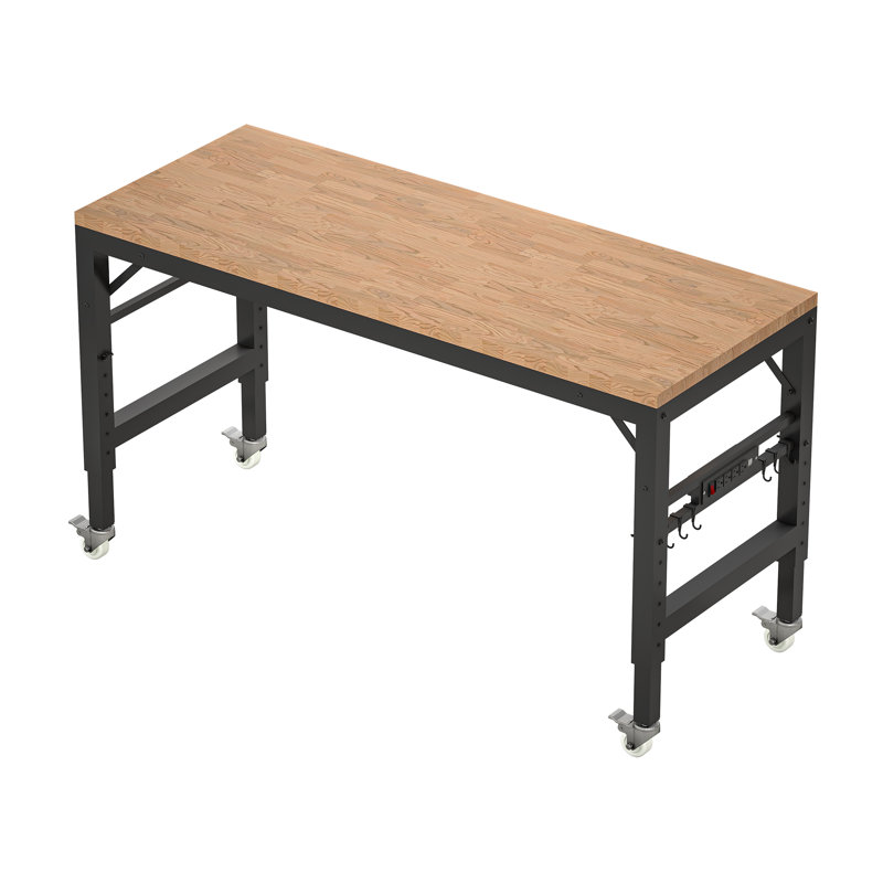 Adjustable Rubber Wood Workbench With Power Outlets & Wheels – 2000 LBS Capacity