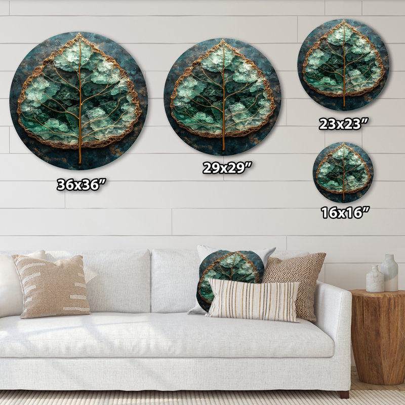 «Modern Emerald Leaves», impression d'art en métal vert traditionnel, H 16 po x l 16 po
