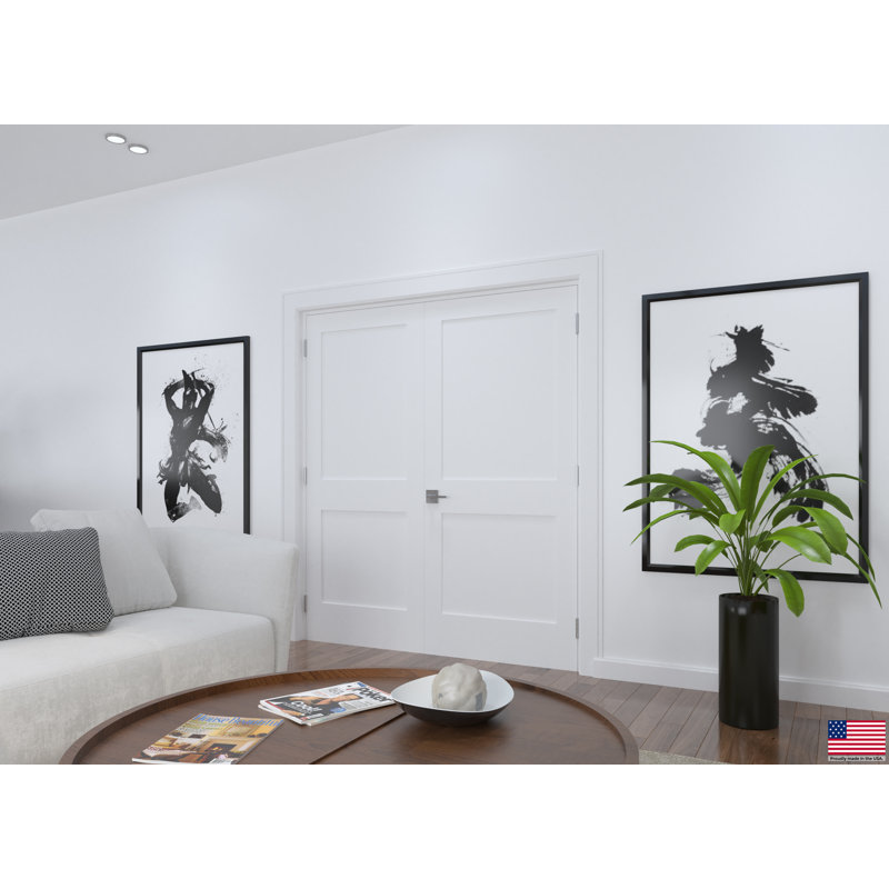 Primed White Solid Core Prehung French Door with Satin Nickel