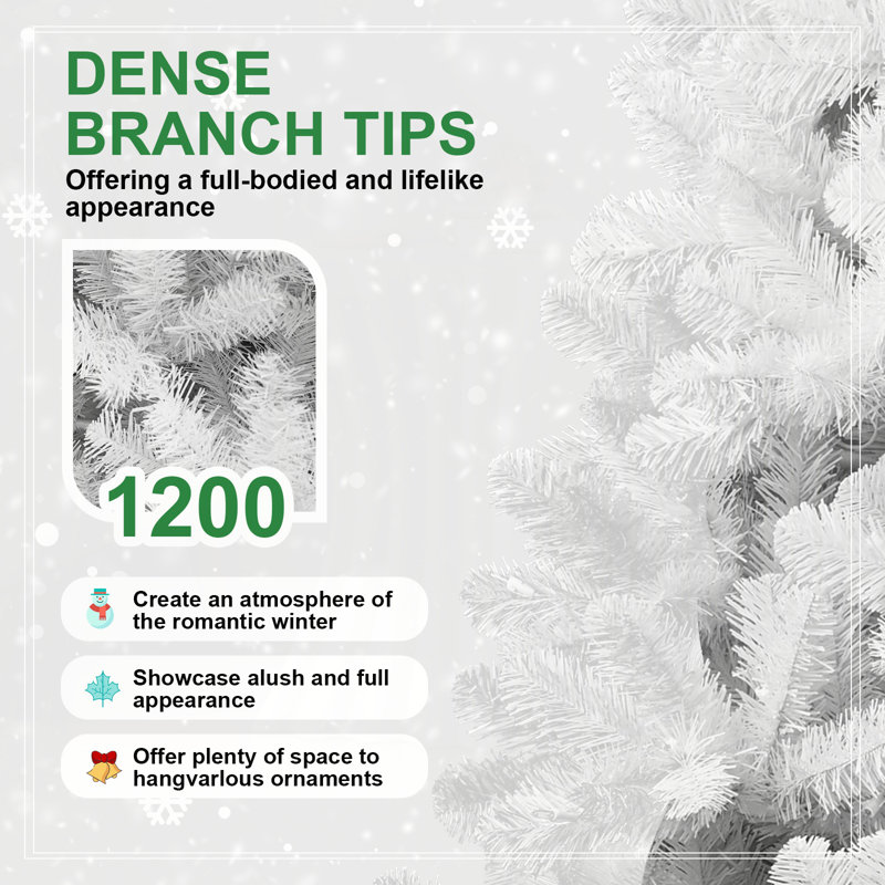 Arbre de Noël blanc 7 pi avec fil mémoire, arbre articulé en PVC 1064 pointes, H 7 pi