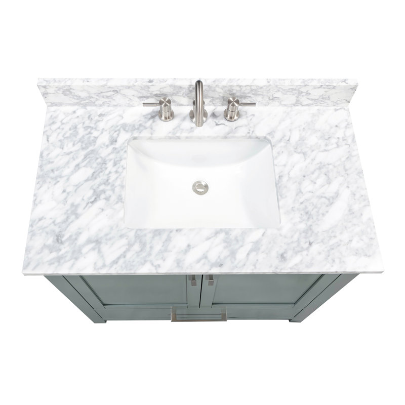 Modero 36" Single Bathroom Vanity with Top, Carrera White Marble, Brushed Nickel, Smoke Green
