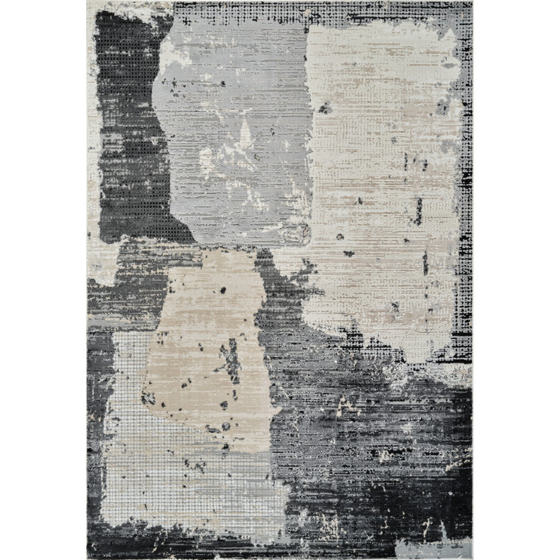 Beige and Black Abstract Distressed Area Rug