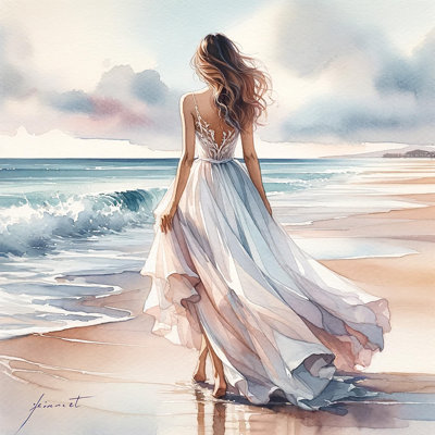 Seaside Elegance: Breezy Beach Gown - Impression sur toile tendue
