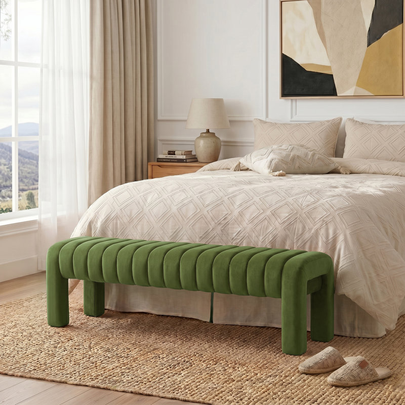 Banc rembourré sans dossier Oyan, H 17 po x l 63 po x P 17,3 po, Velours vert