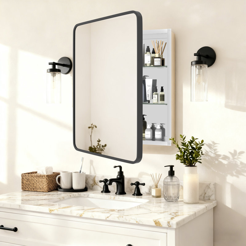 Aluminum Medicine Cabinet with Mirror, 28" H x 22" W x 3.8" D, Black