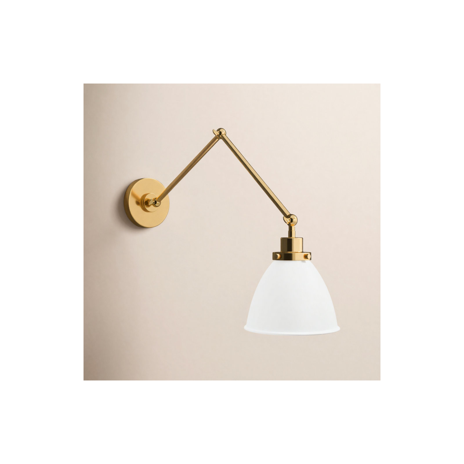 Single Light Dimmable Armed Sconce, Burnished Brass, Matte White