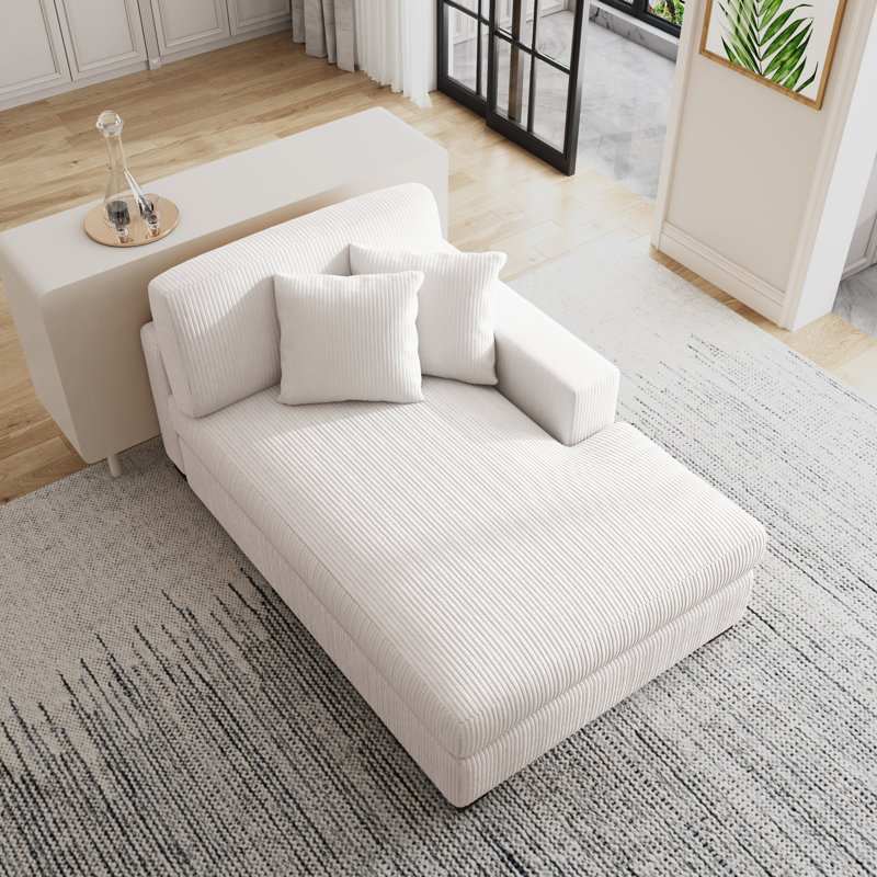 Chaise longue moderne rembourrée avec deux coussins et pieds en bois massif l 42,2 po Yalisa, Gauche, Velours côtelé beige