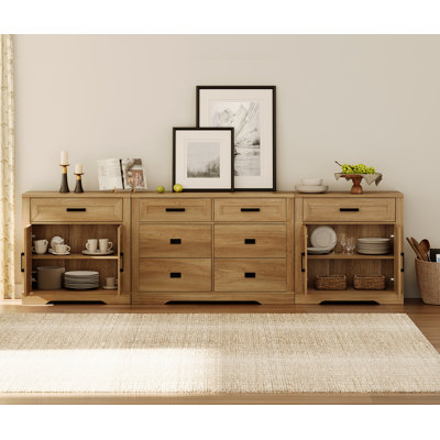 Laziza 110.2"W Large Modern Farmhouse Large Storage Sideboard Cabinet With Barn Doors & Drawers, Scratch-Resistant Tree Bark Finish