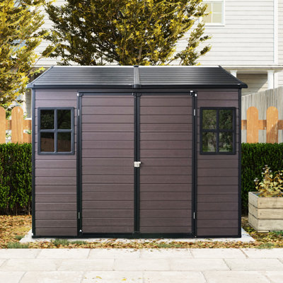 Remise de rangement en résine 8 pi 6 pi pour patio - Plancher imperméable, deux fenêtres, porte verrouillable extérieure 8 pi x 6 pi avec porte, fenêtres de jardin,