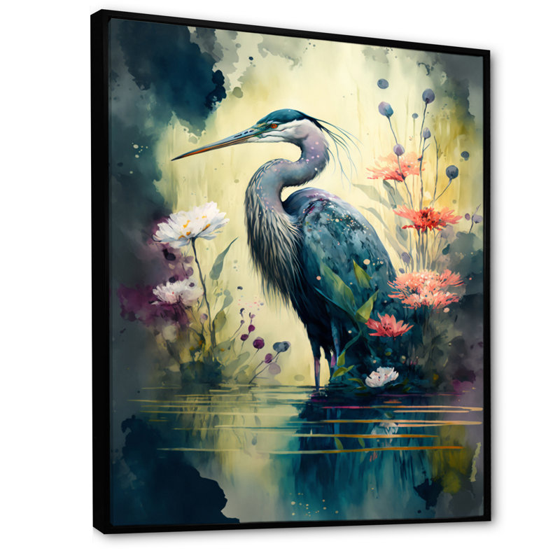 Mignon héron, art floral I - peinture sur toile, H 32 po x l 24 po x P 1 po, Toile avec cadre flottant noir