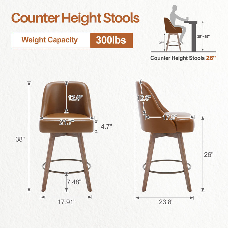 Brown Faux Leather Swivel Counter Stools with Wood Legs, Set of 3