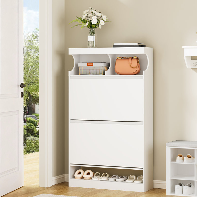 Shoe Storage Cabinet, Wooden Shoe Cabinet, Open Compartment, Adjustable Divider, Large Capacity Shoes Cupboards for Hallway, Wardrobe, 2 Flaps (80 W cm), White 