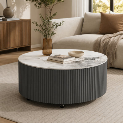 Caston 29.5" Modern Round Coffee Table with 2 Drawers, Marble-Pattern Sintered Stone Top & Locking Casters