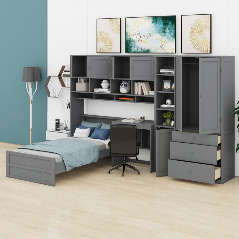 Lit plateforme fonctionnel en bois avec bureau, garde-robe, armoires, tiroirs et tablettes, Gris
