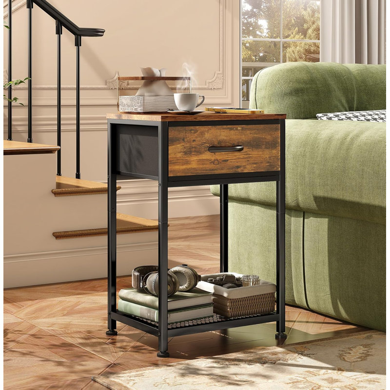 Rustic Brown and Black Wood Nightstands with Fabric Drawer, Set of 2