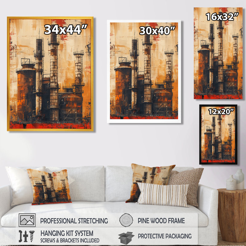 Salon industriel rétro Vintage Polution I - usines, art mural, Toile avec cadre flottant noir, H 44 po x l 34 po x P 1,5 po
