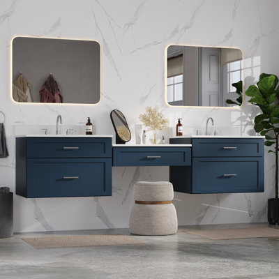 90" Floating Wall Mounted Double Bathroom Vanity With Desk Carrara Quartz Top