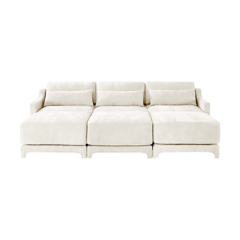 Canapé 3 places, 3 repose-pieds mobiles, équipé d'un coussin lombaire, tissu en chenille, base en bois de haute qualité, conception ergonomique, éponge à haute résilience