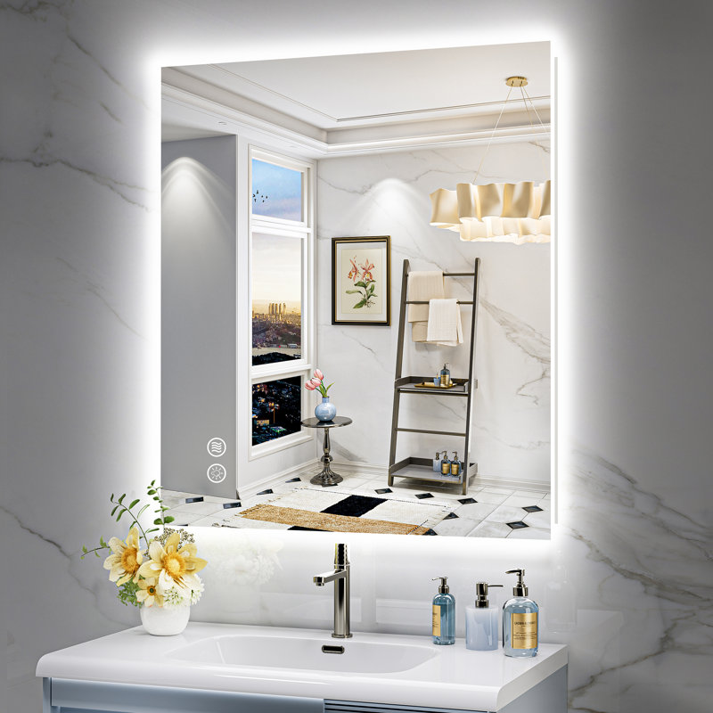 Bathroom LED Mirror with Backlit, Anti Fog Lighted Vanity Mirror with Stepless Dimmable, ETL Listed, IP54 Waterproof, CRI90+, HD Tempered Glass