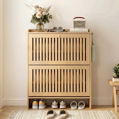 16 Pair Shoe Storage Cabinet With 2 Flip Drawers, Freestanding Shoe Organizer Cabinet For Entryway, Hallway