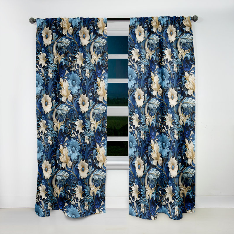 Motif victorien à volutes bleues - Rideau floral - Velours obscurcissant - 1 panneau, L 52 po x L 84 po