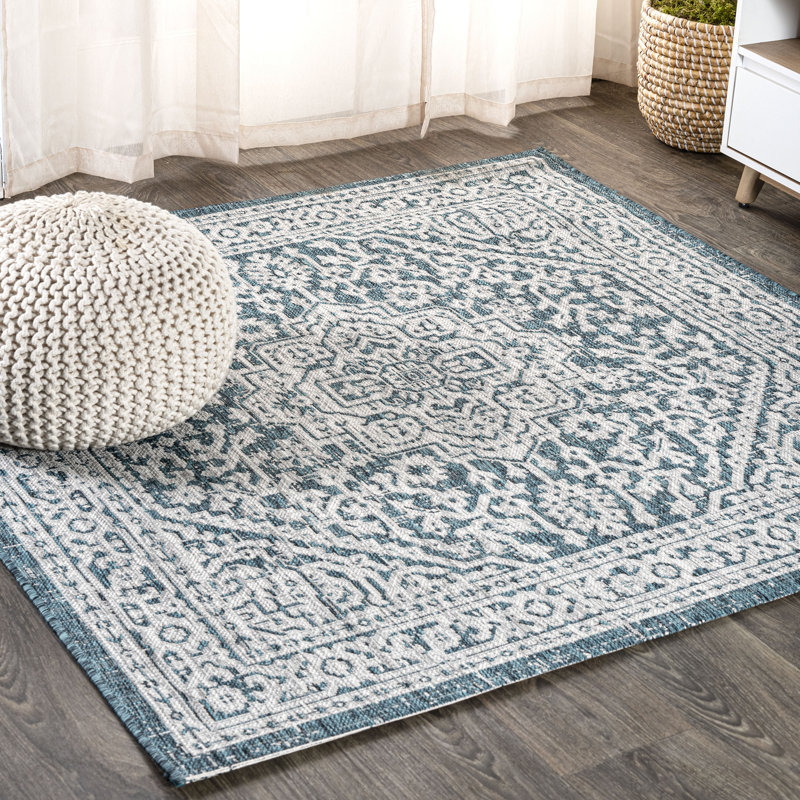 Moten Medallion Textured Weave Teal Blue/Gray Indoor/Outdoor Rug, Square 5'3"