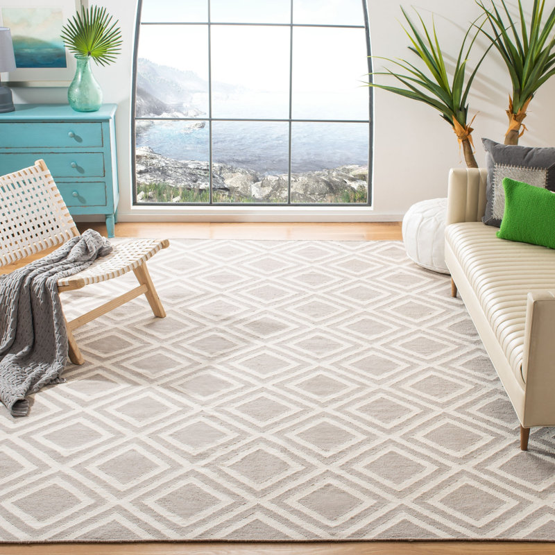 Brianna Hand Woven Flat Weave Wool/Cotton Geometric Rug in Gray/Ivory, Rectangle 6' x 9'